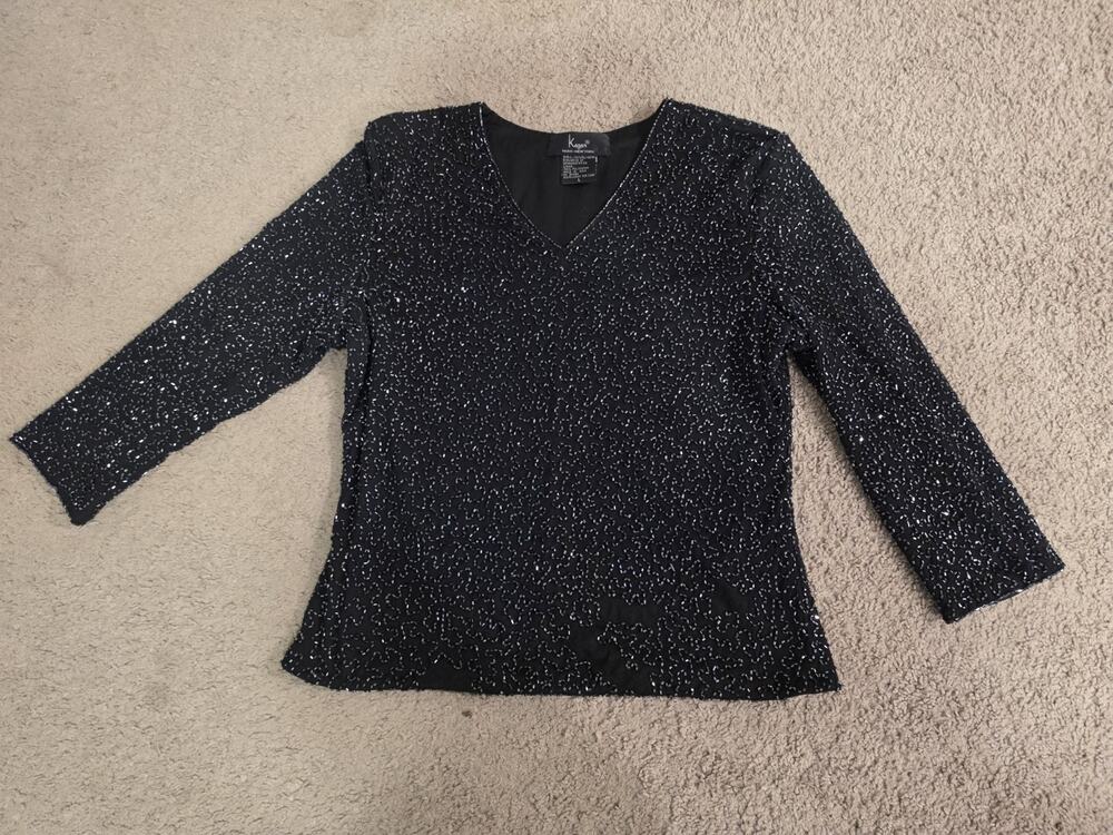 Laurence Kazar Women's Black Beaded Blouse Size Large
